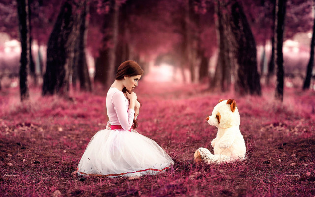 Girl white dress teddy bear free wallpaper for desktop - medium preview image