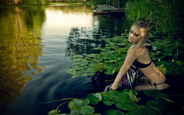 Woman bikini lily pad pond free wallpaper for desktop - medium preview image