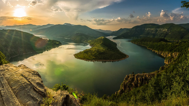 Lake mountains trees sunset sky free wallpaper for desktop - medium preview image