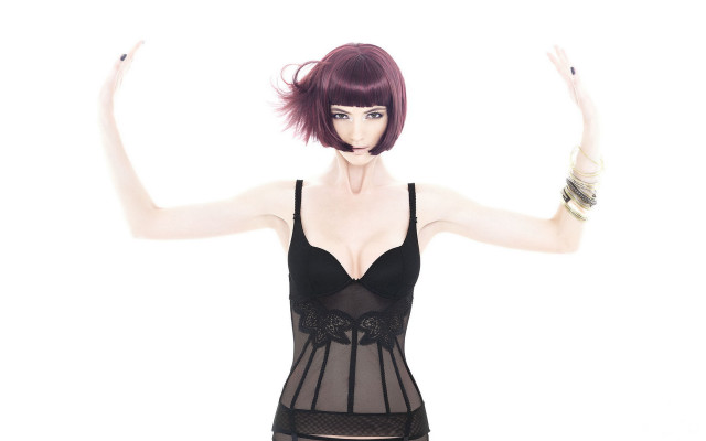 Purple hair black lingerie outstretched free wallpaper for desktop - medium preview image