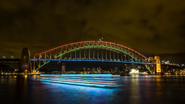 Boat night river bridge lights free wallpaper for desktop - medium preview image