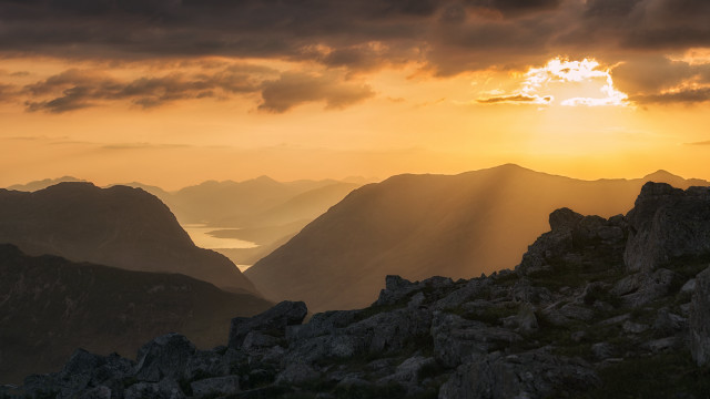 Mountain range sunset clouds water free wallpaper for desktop - medium preview image