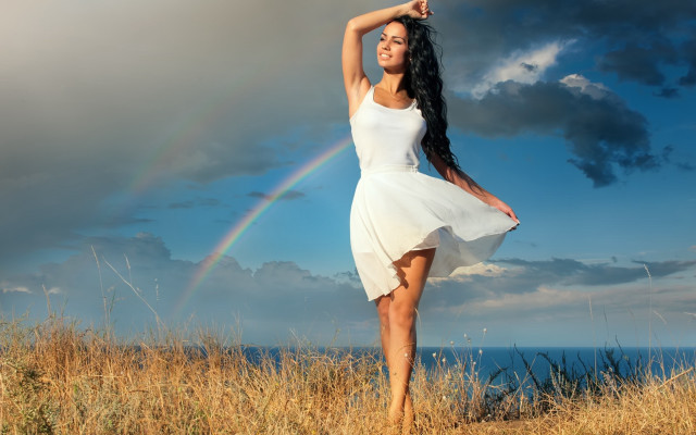 Woman white dress field rainbow #2 free wallpaper for desktop - medium preview image