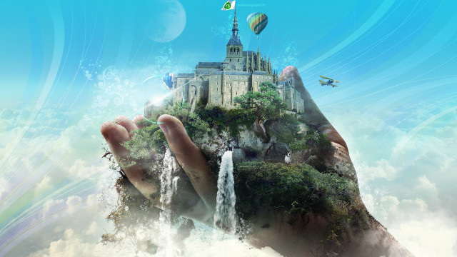 Hand waterfall castle sky rainbow #2 free wallpaper for desktop - medium preview image