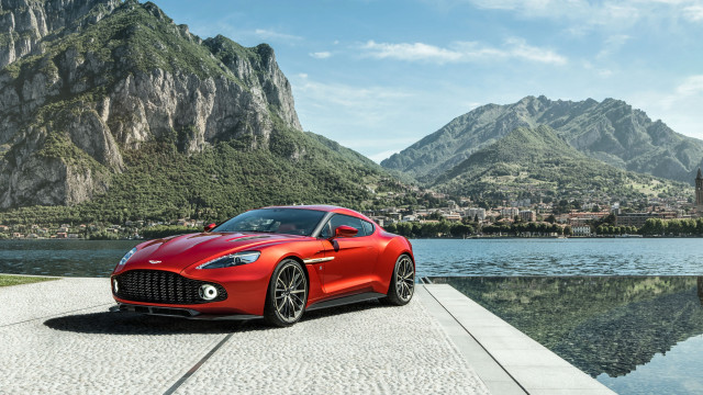Red sports car lake mountains free wallpaper for desktop - medium preview image