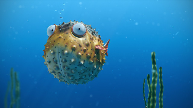 Pufferfish swimming ocean algae ultrarealistic free wallpaper for desktop - medium preview image