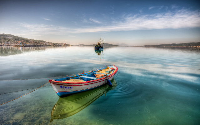 Lake boat shore clouds mountains free wallpaper for desktop - medium preview image