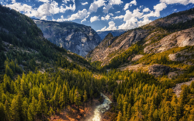 River forest mountain sky clouds free wallpaper for desktop - medium preview image