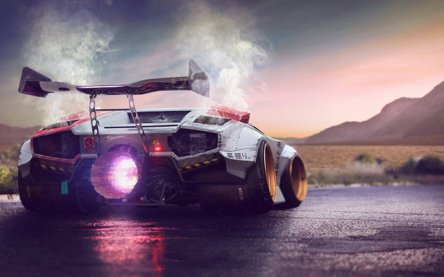 Car light mountains smoke retrofuturism free wallpaper for desktop - medium preview image