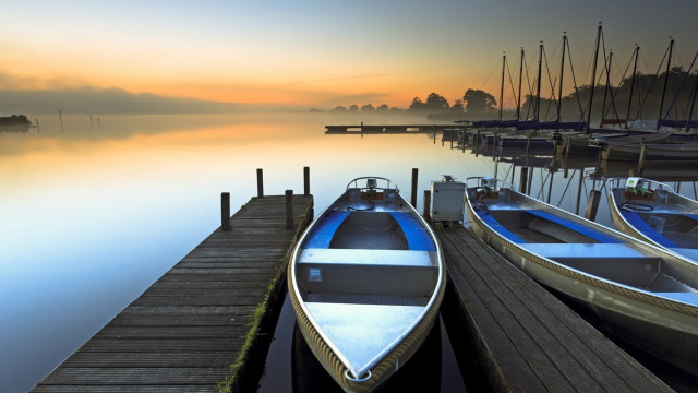 Dock boats foggy sky puzzle free wallpaper for desktop - medium preview image