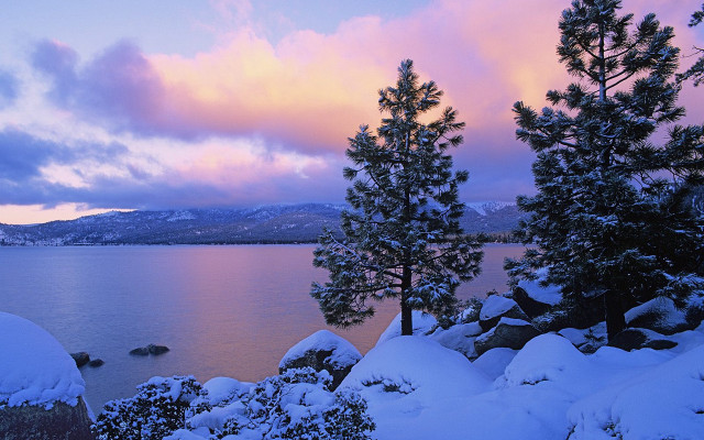 Lake snow trees pink sky free wallpaper for desktop - medium preview image