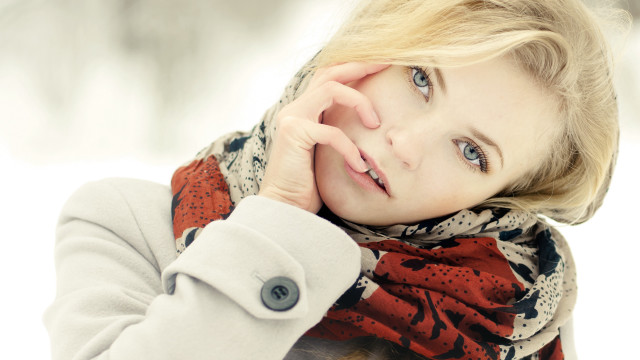 Woman scarf coat snow posing free wallpaper for desktop - medium preview image