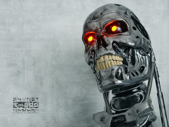 Robot glowing eyes skeleton head free wallpaper for desktop - medium preview image