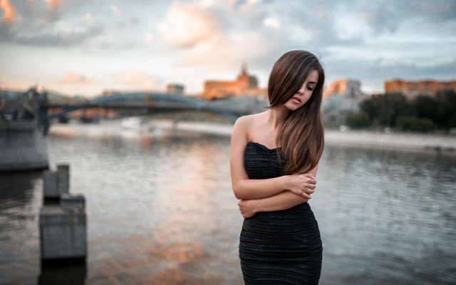 Woman black dress water bridge free wallpaper for desktop - medium preview image