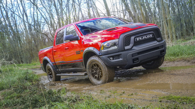 Red ram truck muddy woods free wallpaper for desktop - medium preview image