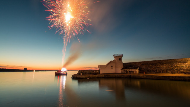 Boat fireworks lighthouse ecological photo free wallpaper for desktop - medium preview image