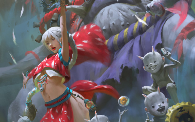 Woman red dress cats dragon free wallpaper for desktop - medium preview image