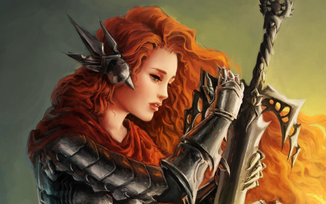 Red haired fantasy warrior armor free wallpaper for desktop - medium preview image