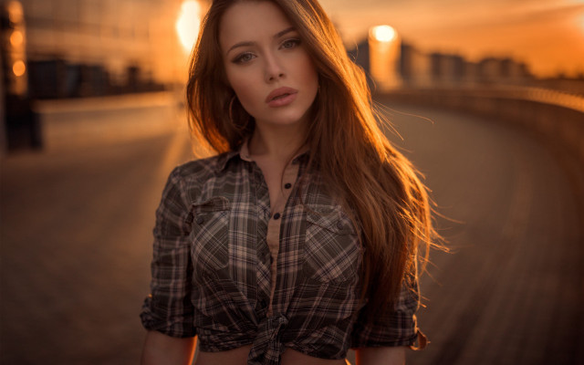 Woman sunset blowinghair plaid shirt free wallpaper for desktop - medium preview image