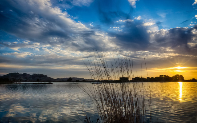Lake sunset clouds grass matte free wallpaper for desktop - medium preview image