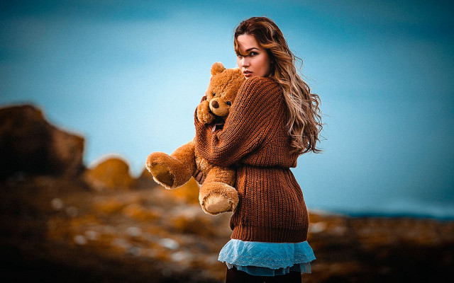Woman teddy bear rocky beach free wallpaper for desktop - medium preview image