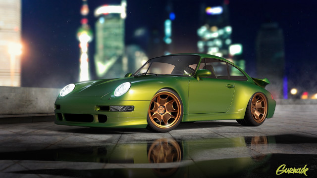 Green car night city lights free wallpaper for desktop - medium preview image
