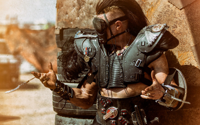 Postapocalyptic leatherman sword helmet chain free wallpaper for desktop - medium preview image