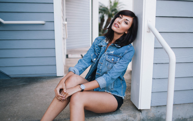 Woman jean jacket wristwatch portrait free wallpaper for desktop - medium preview image