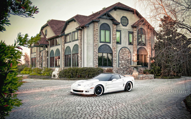 White sports car brick driveway free wallpaper for desktop - medium preview image