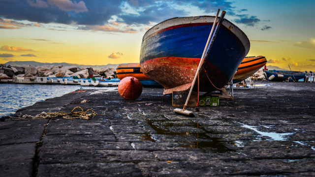 Boat sunset dock watercolor saturated free wallpaper for desktop - medium preview image