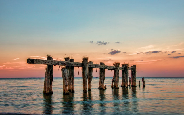 Wooden pier sunset water clouds free wallpaper for desktop - medium preview image