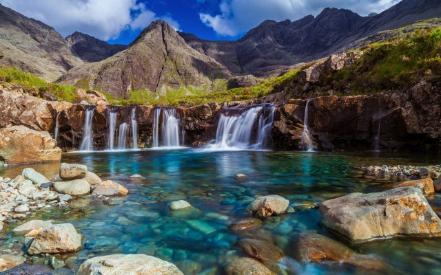 Waterfall blue pool mountains sky free wallpaper for desktop - medium preview image