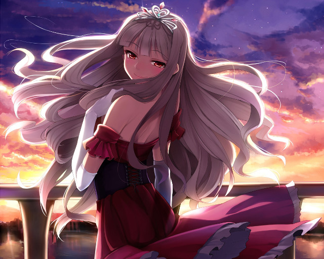 Woman red dress sitting ledge free wallpaper for desktop - medium preview image