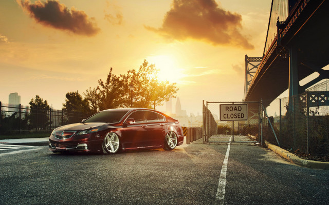Red car bridge sunset clouds free wallpaper for desktop - medium preview image