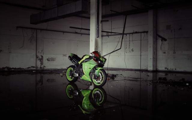 Green motorcycle dark room mirror free wallpaper for desktop - medium preview image