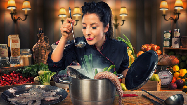 Woman cooking food surrealism bowl free wallpaper for desktop - medium preview image