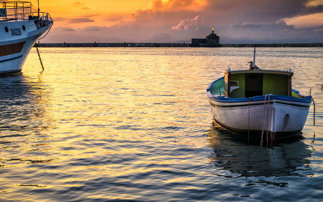 Boats lighthouse sunset water impressionist free wallpaper for desktop - medium preview image