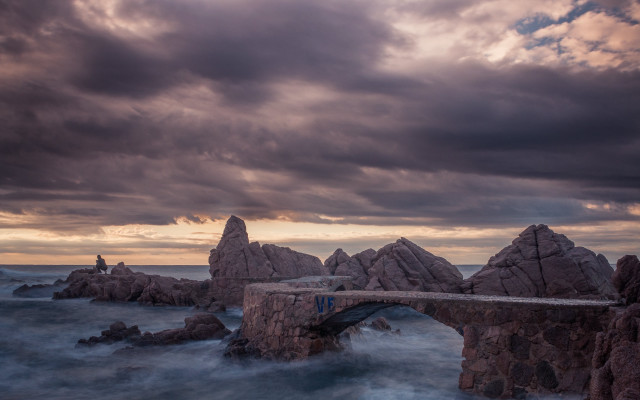 Bridge water rocks cloudy sky free wallpaper for desktop - medium preview image