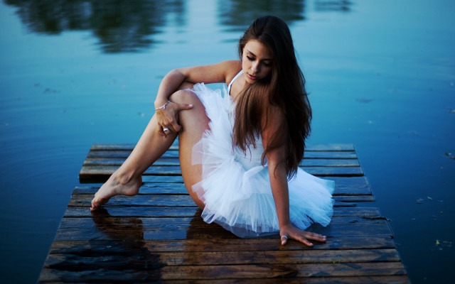 Woman white dress dock lake free wallpaper for desktop - medium preview image