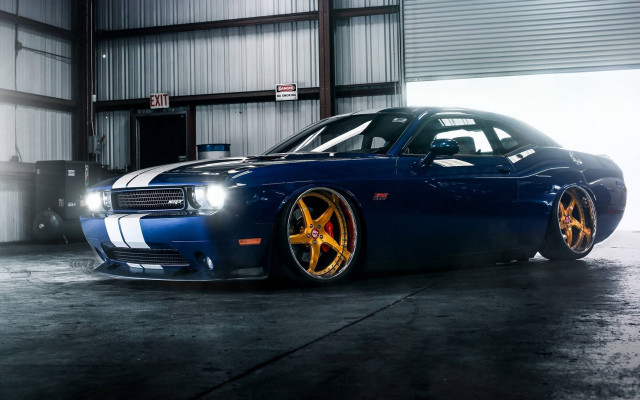 Blue car yellow rims garage free wallpaper for desktop - medium preview image