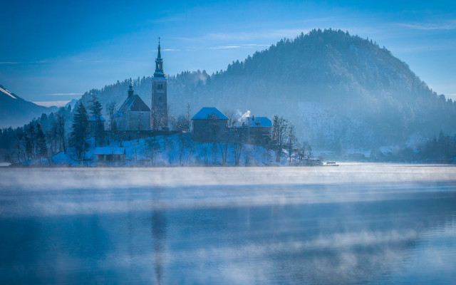 Lake church mountain fog boat free wallpaper for desktop - medium preview image