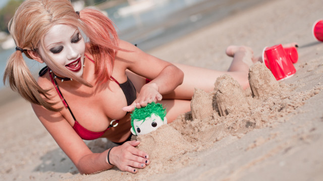 Beach bikini sandcastle cosplay pinkhair free wallpaper for desktop - medium preview image