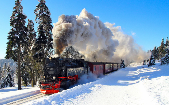Train snow trees hill steam free wallpaper for desktop - medium preview image