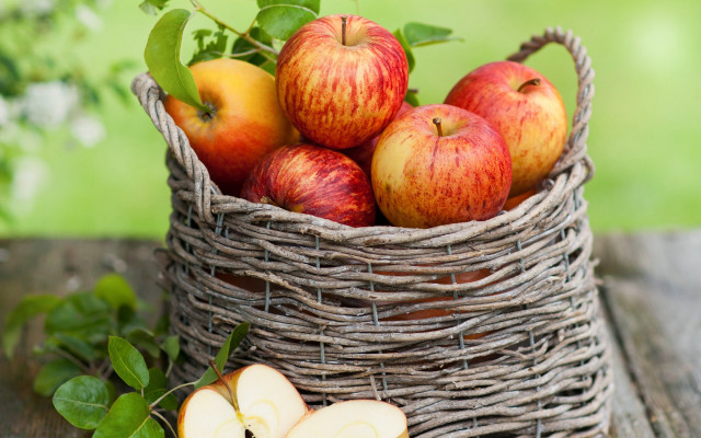 Basket apples leafy branch green free wallpaper for desktop - medium preview image