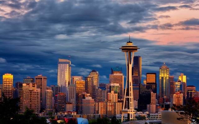 City skyline tower dusk clouds free wallpaper for desktop - medium preview image