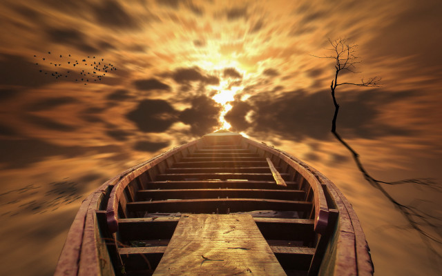 Boat water sky tree bird free wallpaper for desktop - medium preview image