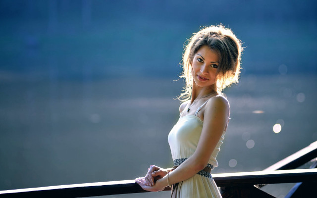 Woman white dress bridge portrait free wallpaper for desktop - medium preview image