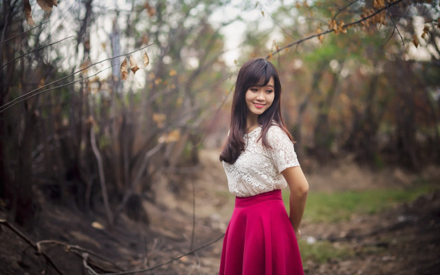 Woman red skirt forest autumn free wallpaper for desktop - medium preview image