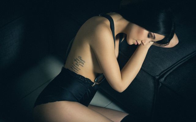 Black lingerie woman couch tattoo free wallpaper for desktop - medium preview image