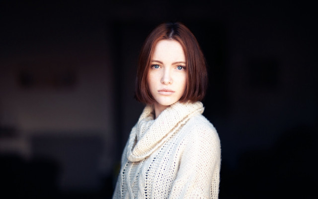 Woman white sweater scarf serious free wallpaper for desktop - medium preview image